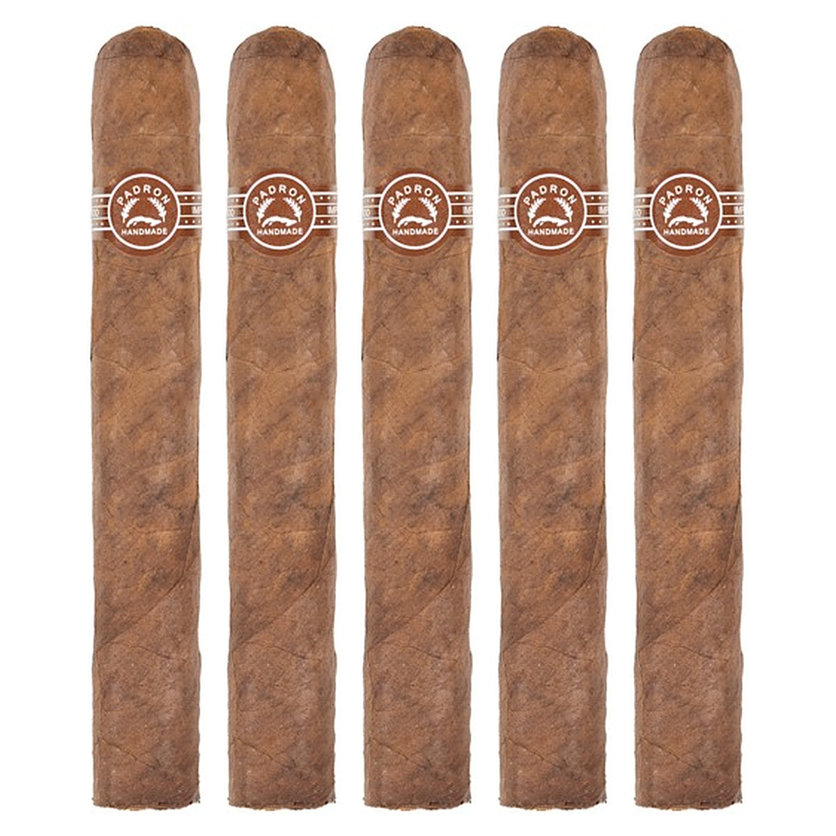 Five Padron 3000 Natural cigars, 5.5 × 52, lined up side by side