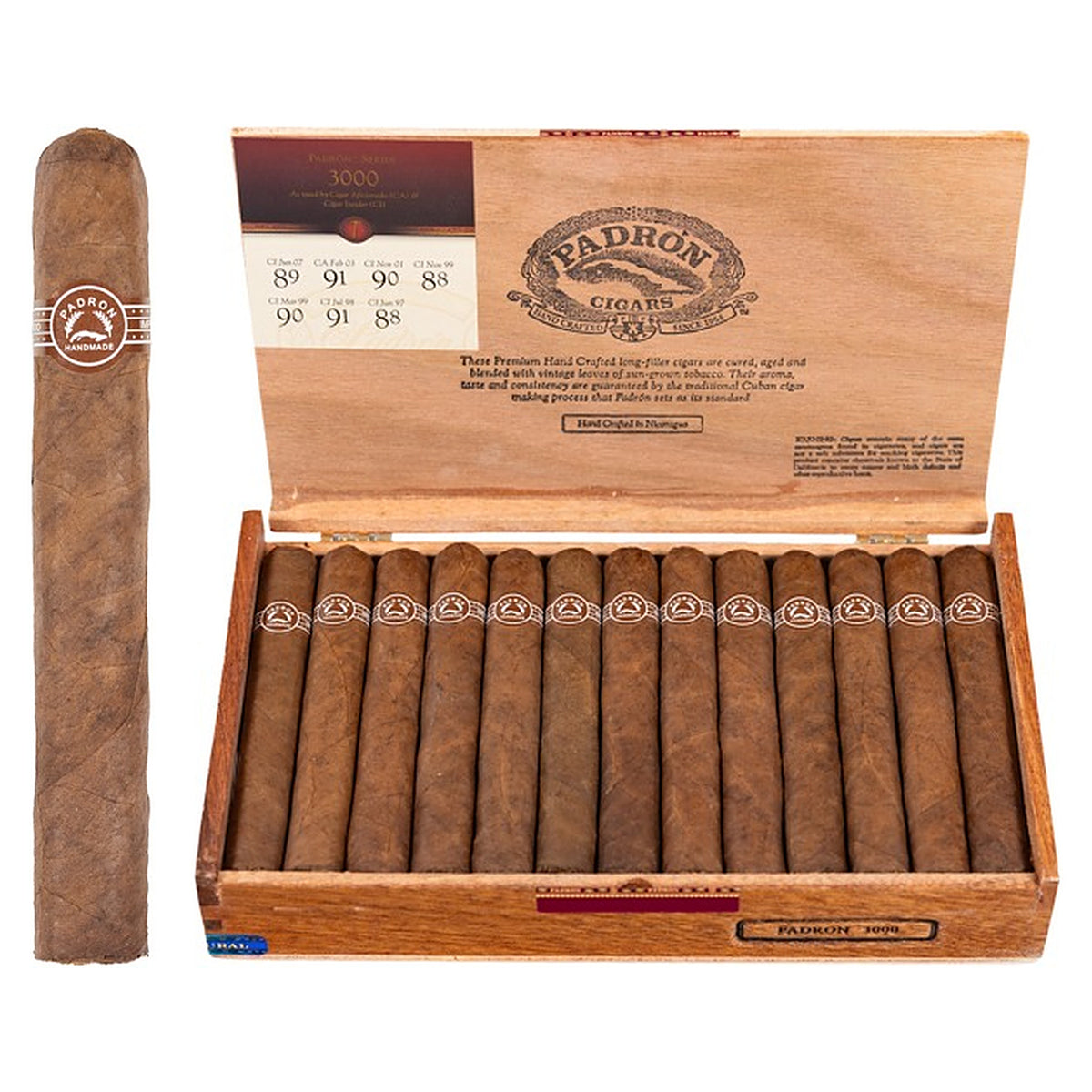Padron 3000 Natural cigar, 5.5 × 52, with Nicaraguan natural wrapper, beside its open box of 26
