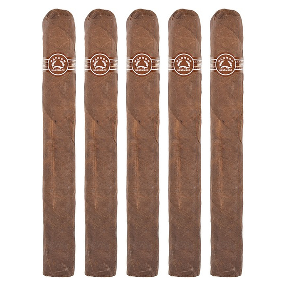 Five Padron 4000 Maduro cigars, 6.5 × 54, lined up side by side