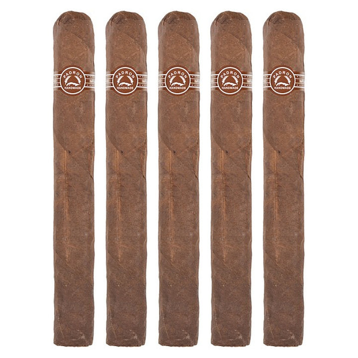 Five Padron 4000 Maduro cigars, 6.5 × 54, lined up side by side