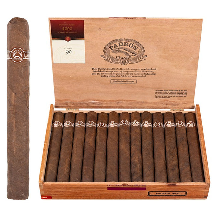 Padron 4000 Maduro cigar, 6.5 × 54, with Nicaraguan maduro wrapper, beside its open box of 26