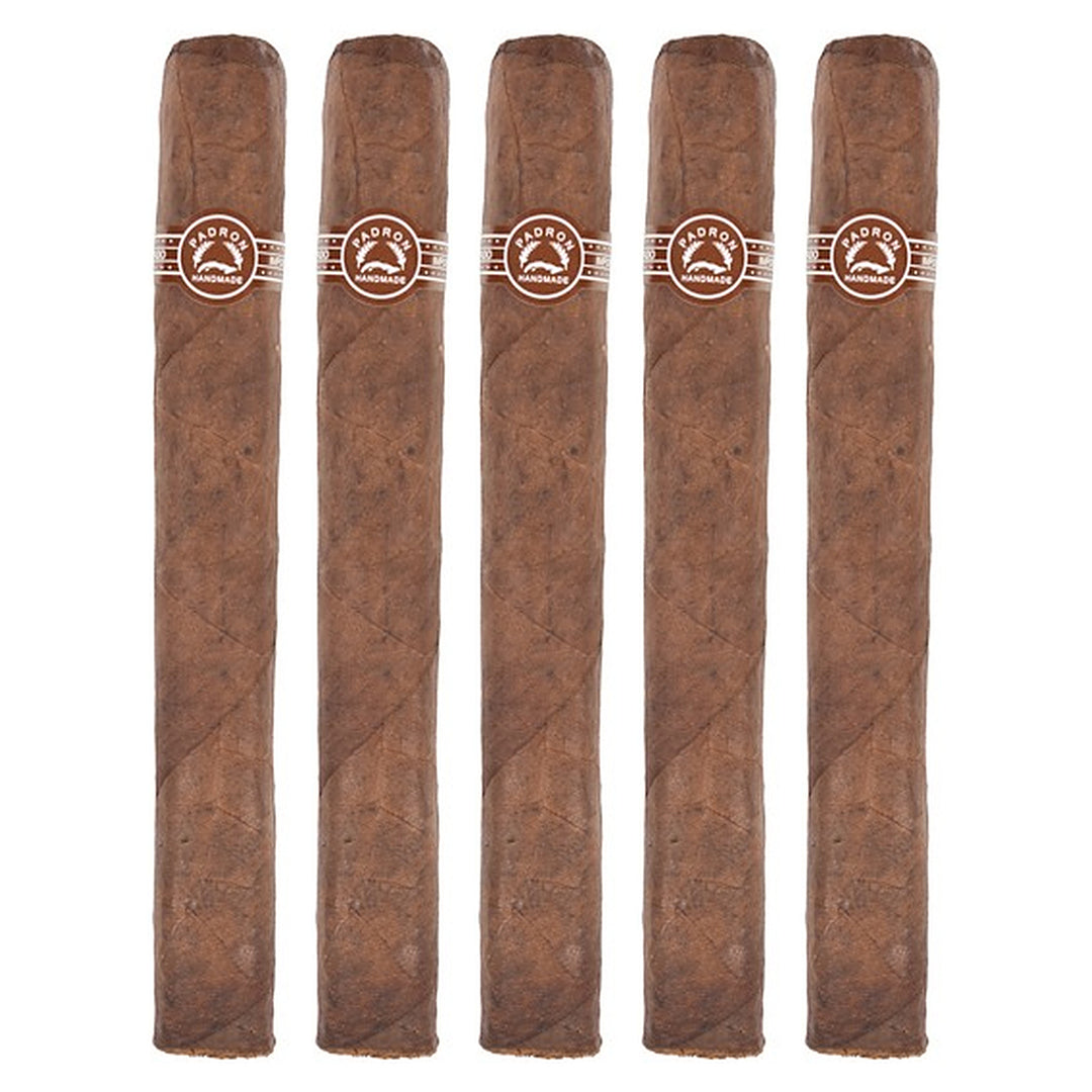 Five Padron 4000 Natural cigars, 6.5 × 54, lined up side by side