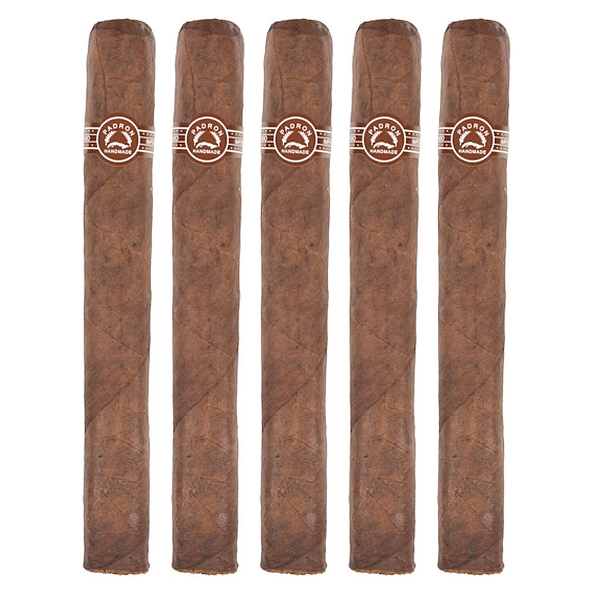 Five Padron 4000 Natural cigars, 6.5 × 54, lined up side by side