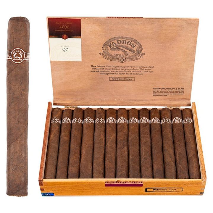 Padron 4000 Natural cigar, 6.5 × 54, with Nicaraguan natural wrapper, beside its open box of 26