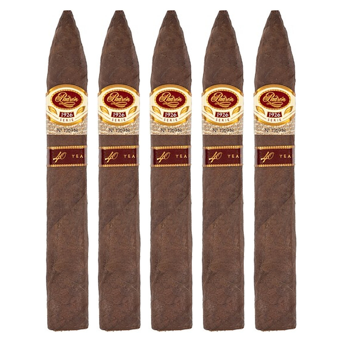 Five Padron 1926 40th Anniversary Series Maduro cigars, 6.5 × 54, lined up side by side