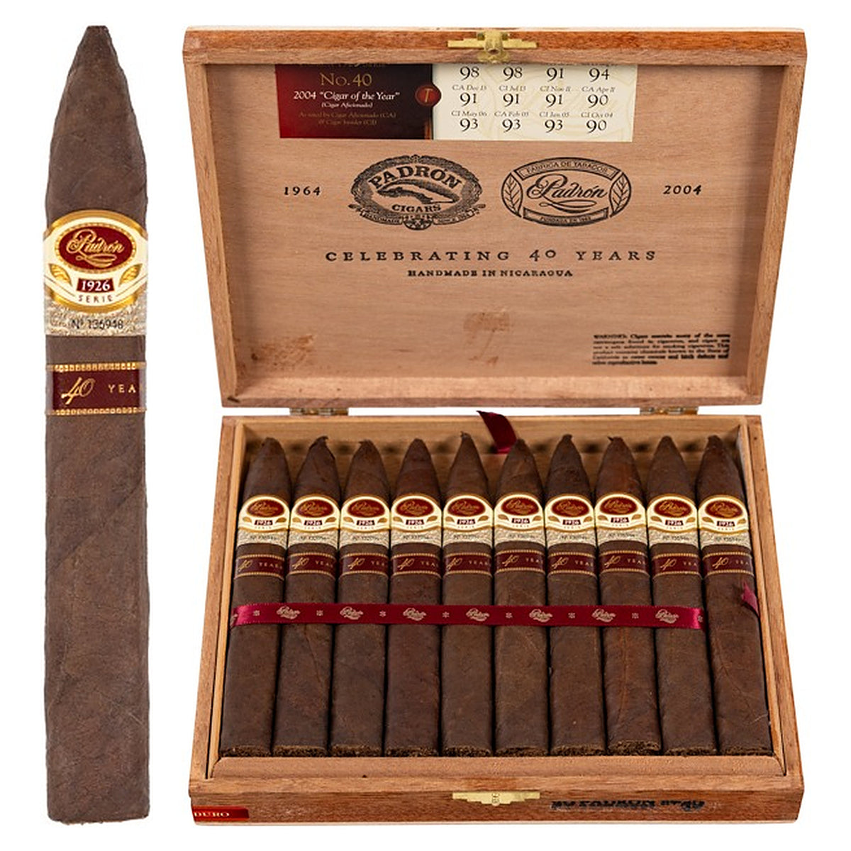 Padron 1926 40th Anniversary Series Maduro cigar, 6.5 × 54, with Nicaraguan maduro wrapper, beside its open box of 20