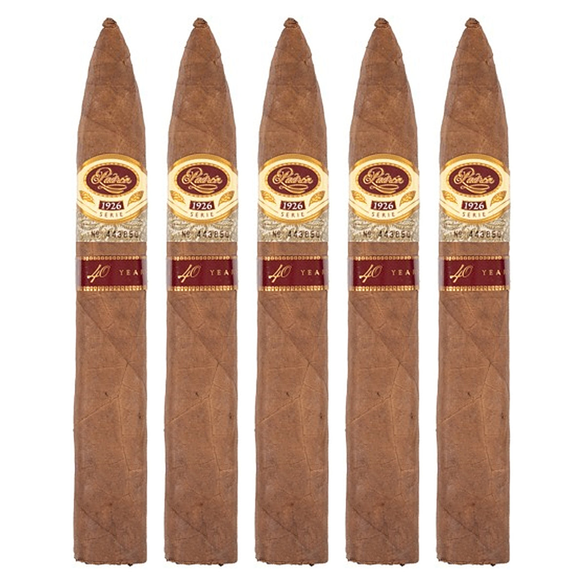 Five Padron 1926 40th Anniversary Series Natural cigars, 6.5 × 54, lined up side by side