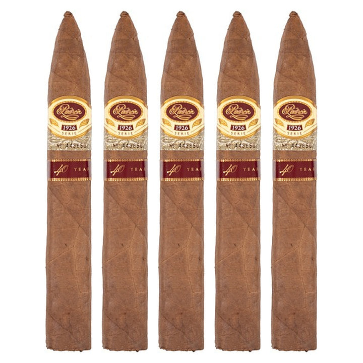 Five Padron 1926 40th Anniversary Series Natural cigars, 6.5 × 54, lined up side by side