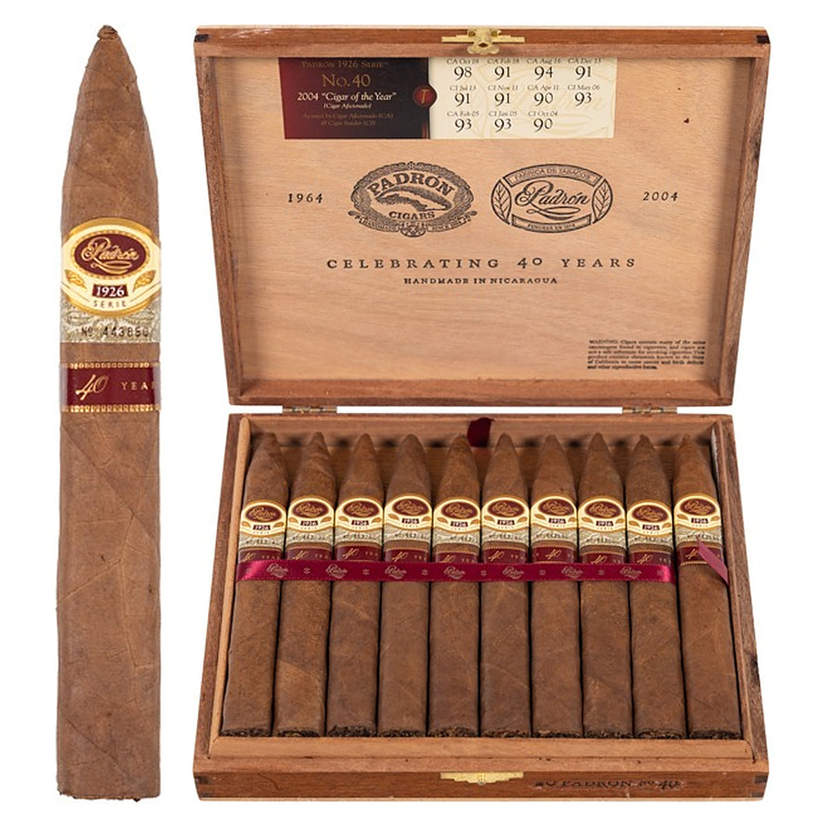 Padron 1926 40th Anniversary Series Natural cigar, 6.5 × 54, with Nicaraguan natural wrapper, beside its open box of 20