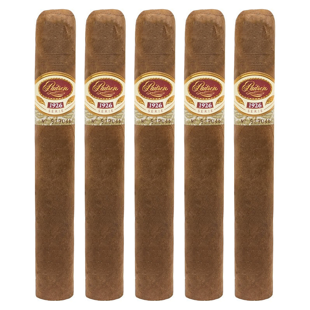 Five Padron 1926 Series No. 47 Natural cigars, 5.5 × 50, lined up side by side