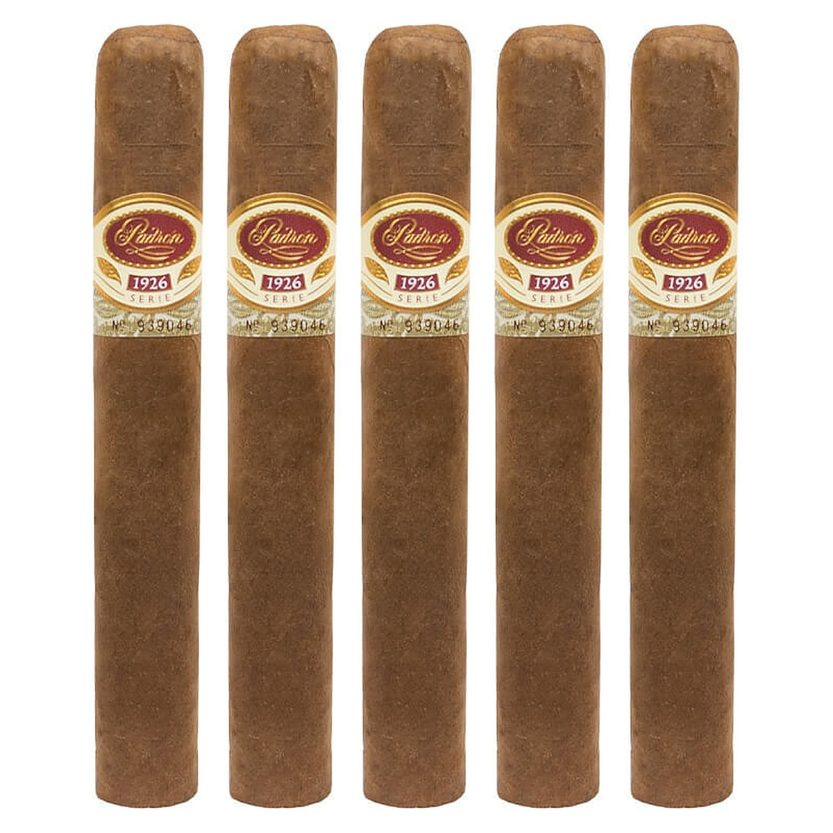 Five Padron 1926 Series No. 47 Natural cigars, 5.5 × 50, lined up side by side
