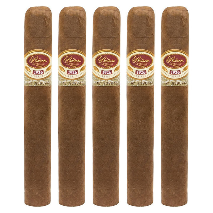 Five Padron 1926 Series No. 47 Natural cigars, 5.5 × 50, lined up side by side