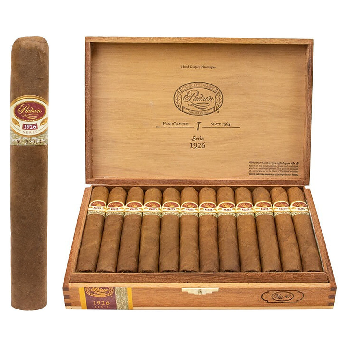 Padron 1926 Series No. 47 Natural cigar, 5.5 × 50, with Nicaraguan natural wrapper, beside its open box of 24