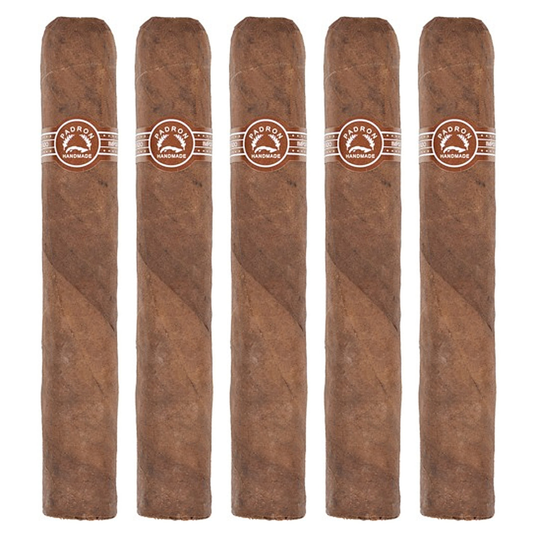 Five Padron 5000 Maduro cigars, 5.5 × 56, lined up side by side