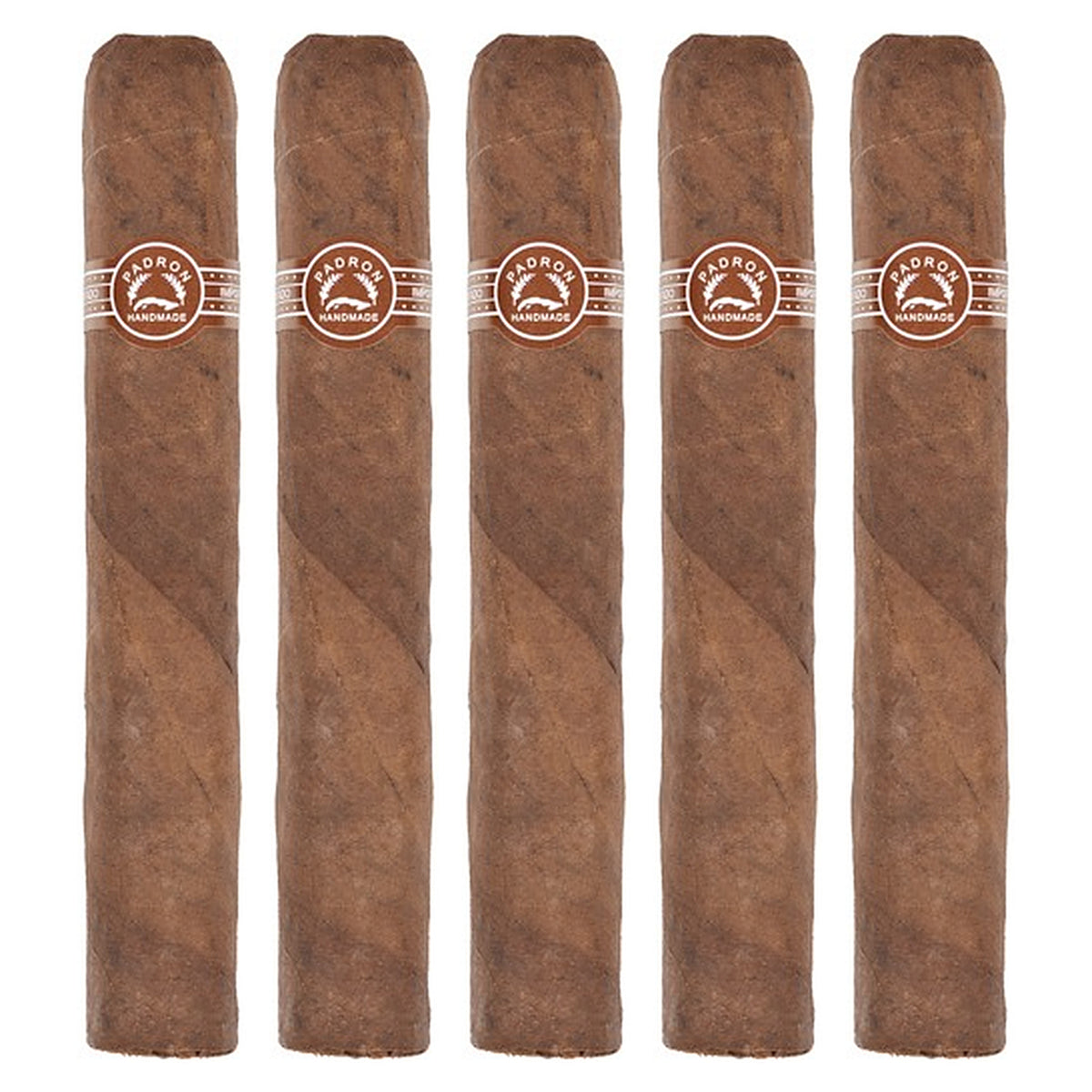 Five Padron 5000 Maduro cigars, 5.5 × 56, lined up side by side