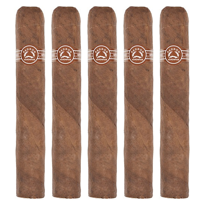Five Padron 5000 Maduro cigars, 5.5 × 56, lined up side by side