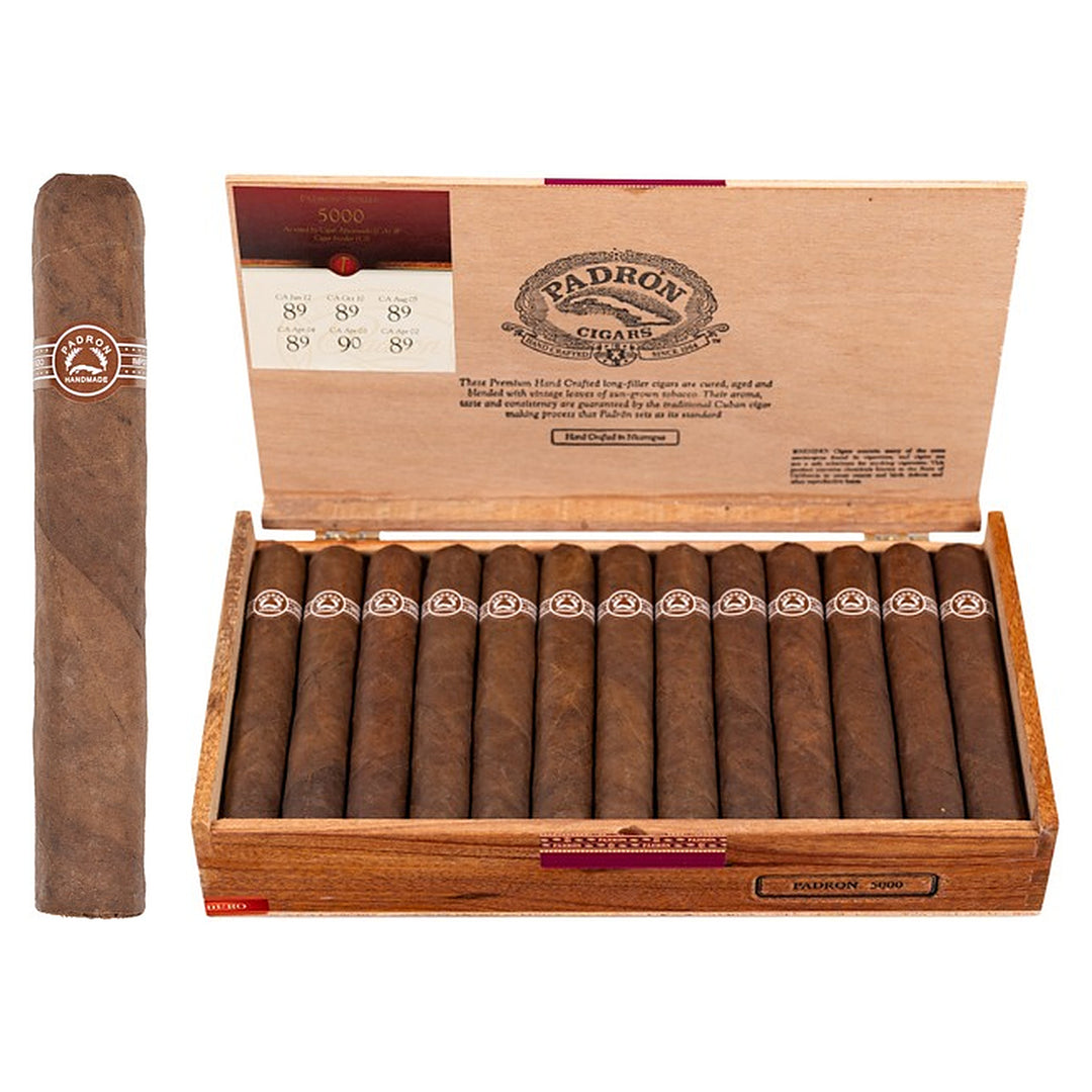 Padron 5000 Maduro cigar, 5.5 × 56, with Nicaraguan maduro wrapper, beside its open box of 26