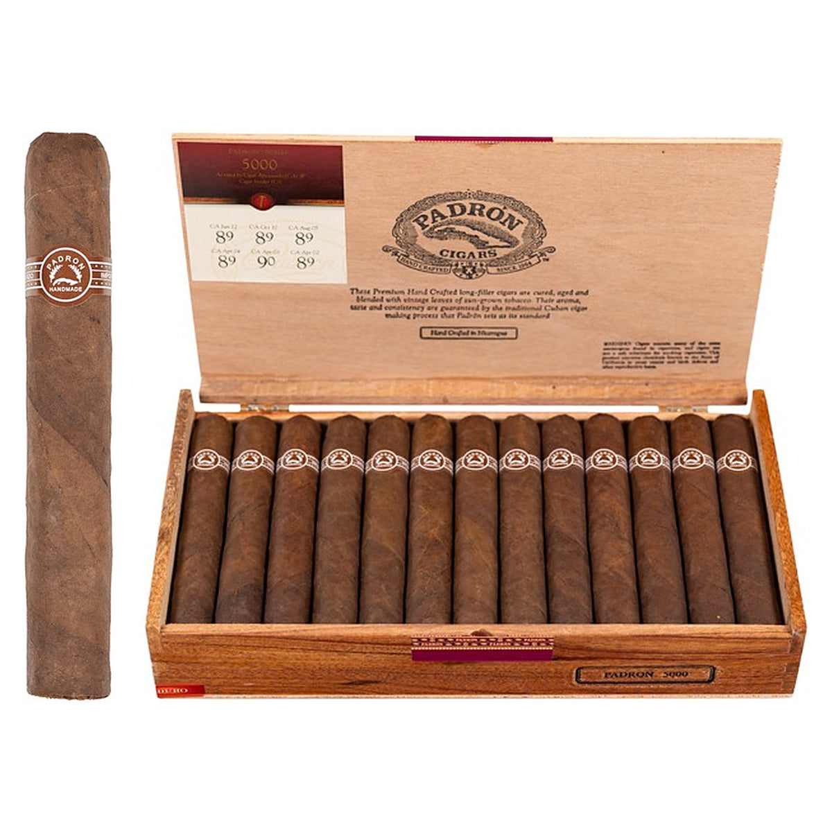 Padron 5000 Maduro cigar, 5.5 × 56, with Nicaraguan maduro wrapper, beside its open box of 26