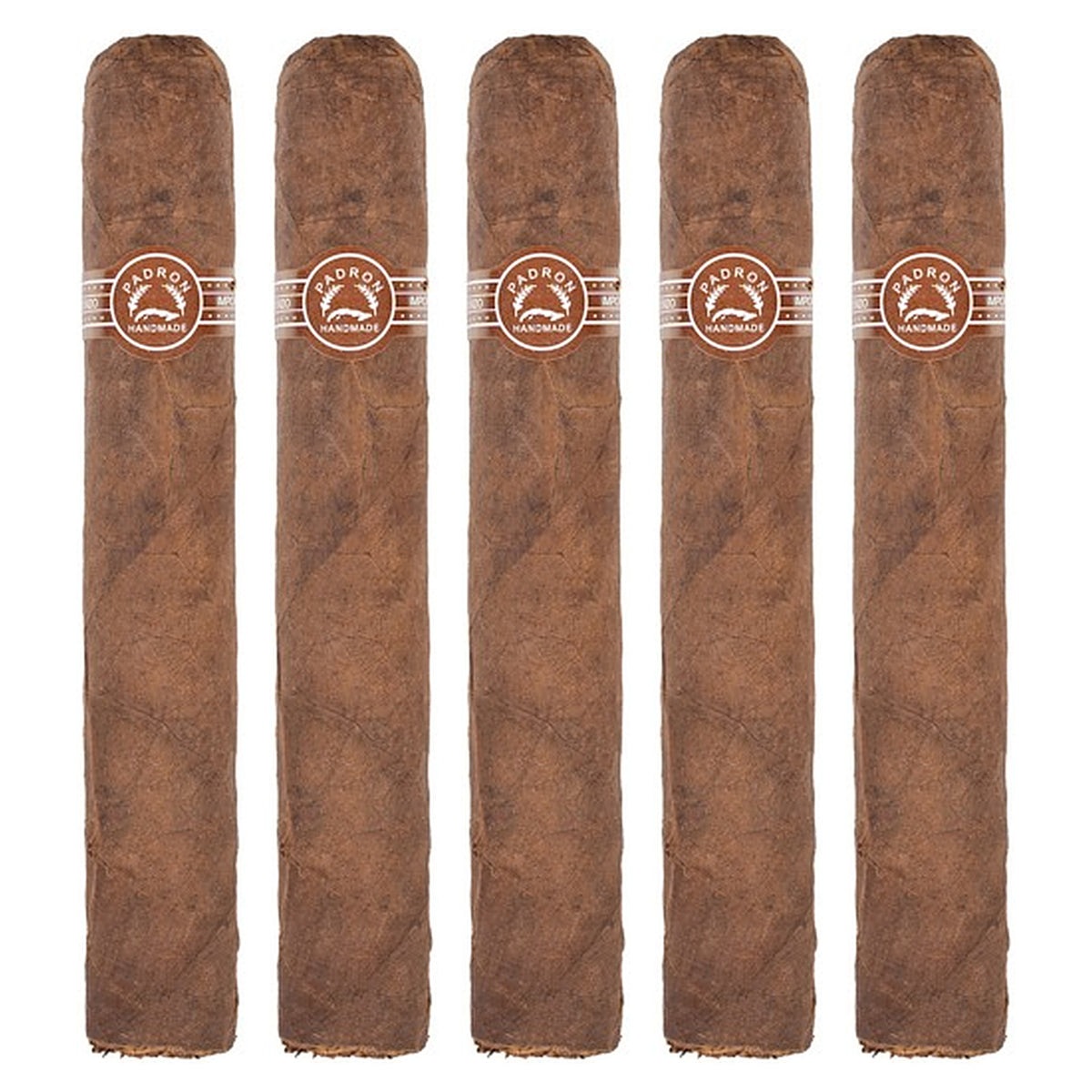 Five Padron 5000 Natural cigars, 5.5 × 56, lined up side by side