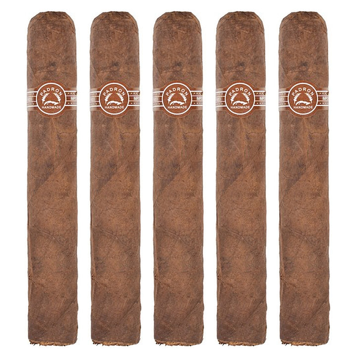 Five Padron 5000 Natural cigars, 5.5 × 56, lined up side by side