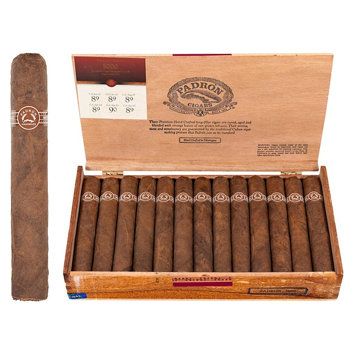 Padron 5000 Natural cigar, 5.5 × 56, with Nicaraguan natural wrapper, beside its open box of 26