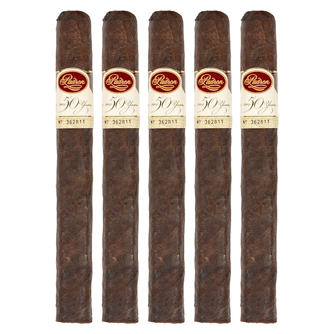 Five Padron 50th Anniversary Refill Maduro cigars, 6.5 × 52, lined up side by side
