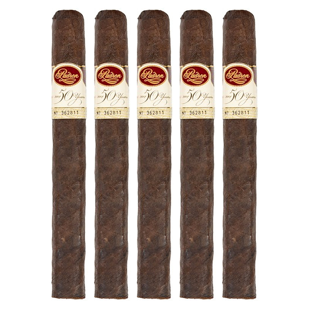 Five Padron 50th Anniversary Refill Maduro cigars, 6.5 × 52, lined up side by side