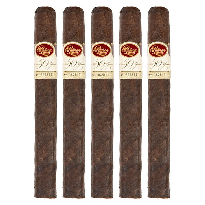 Five Padron 50th Anniversary Refill Maduro cigars, 6.5 × 52, lined up side by side