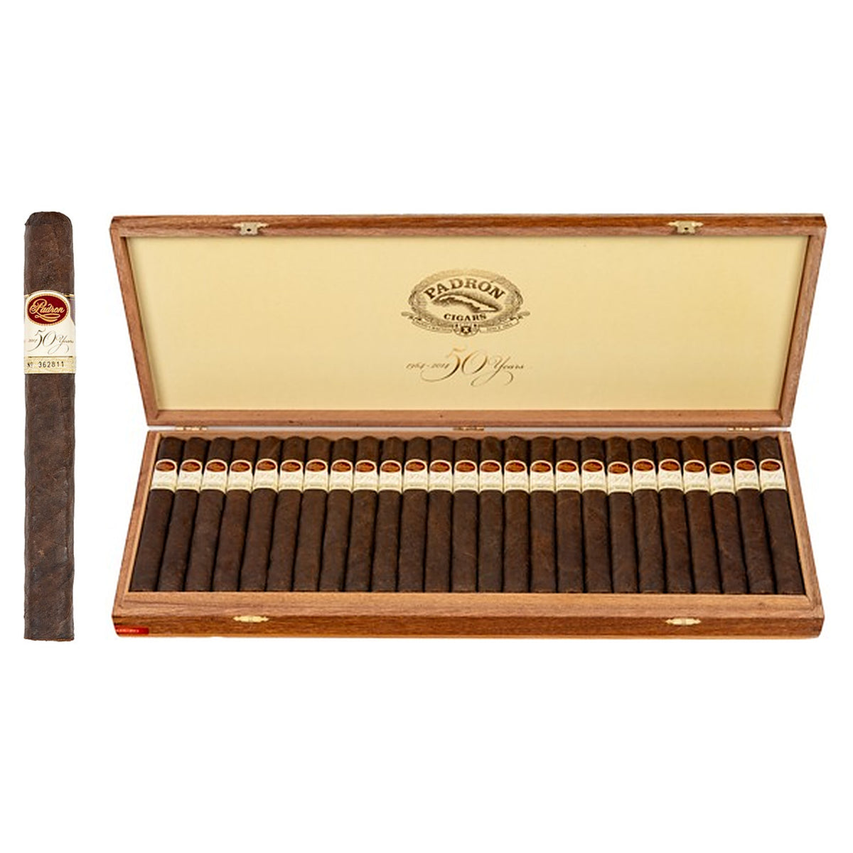 Padron 50th Anniversary Refill Maduro cigar, 6.5 × 52, with Nicaraguan maduro wrapper, beside its open box of 50