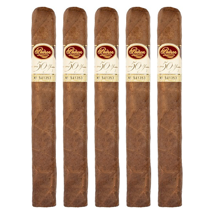 Five Padron 50th Anniversary Refill Natural cigars, 6.5 × 52, lined up side by side