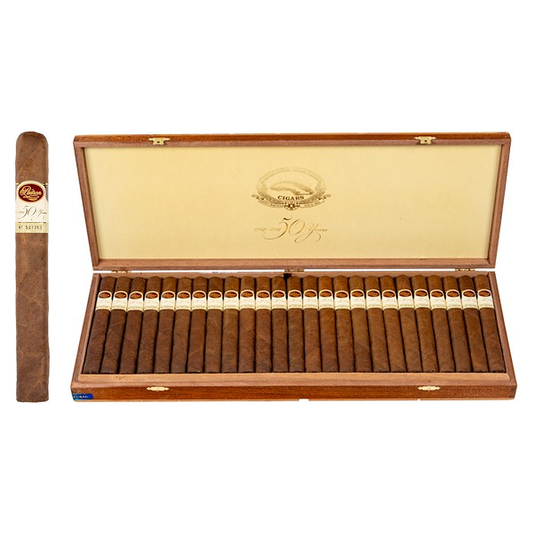 Padron 50th Anniversary Refill Natural cigar, 6.5 × 52, with Nicaraguan natural wrapper, beside its open box of 50