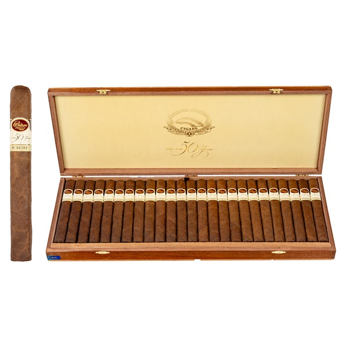 Padron 50th Anniversary Refill Natural cigar, 6.5 × 52, with Nicaraguan natural wrapper, beside its open box of 50