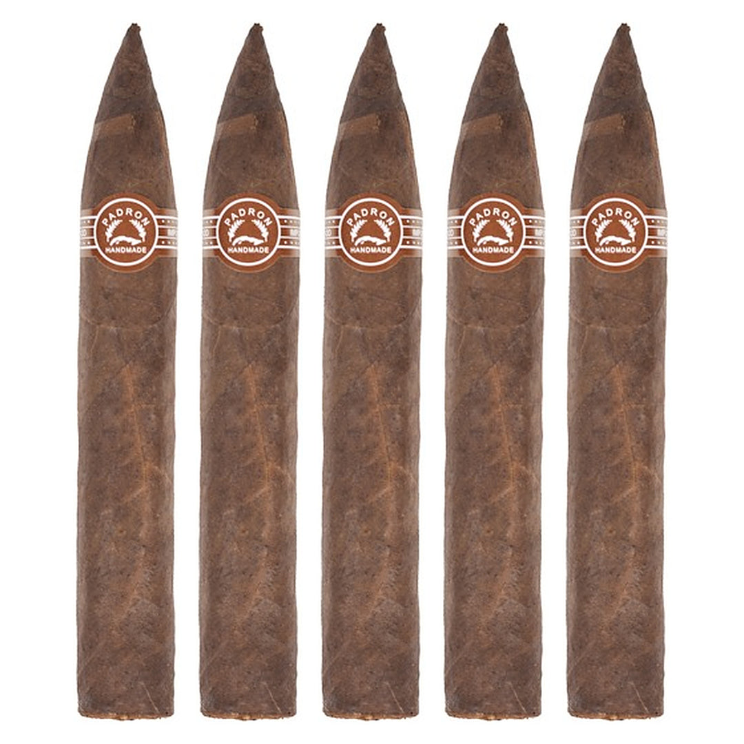 Five Padron 6000 Maduro cigars, 5.5 × 52, lined up side by side