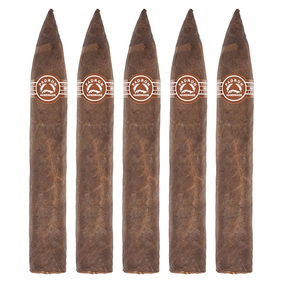 Five Padron 6000 Maduro cigars, 5.5 × 52, lined up side by side