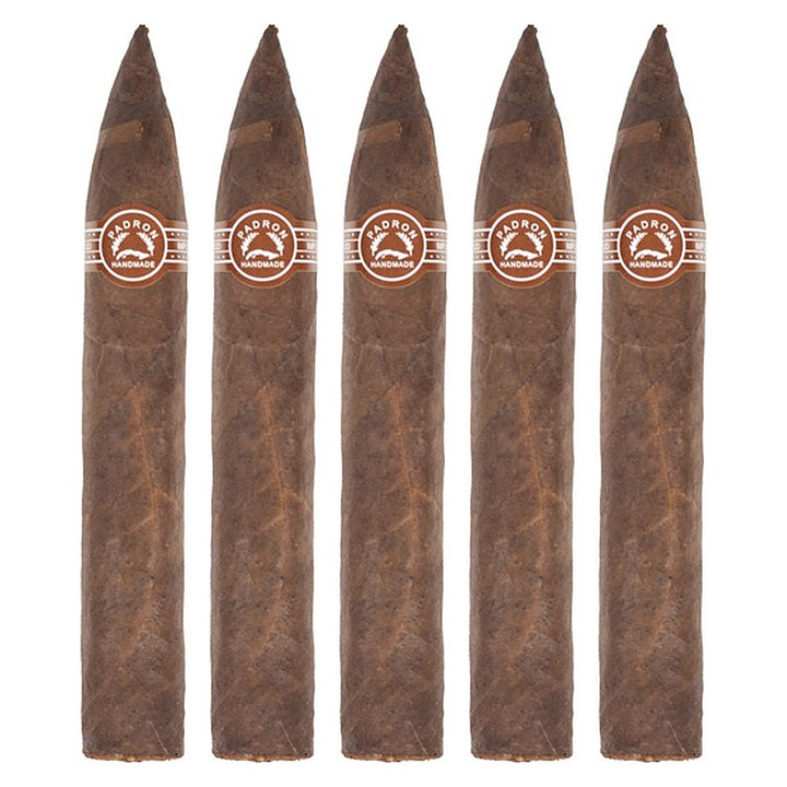 Five Padron 6000 Maduro cigars, 5.5 × 52, lined up side by side