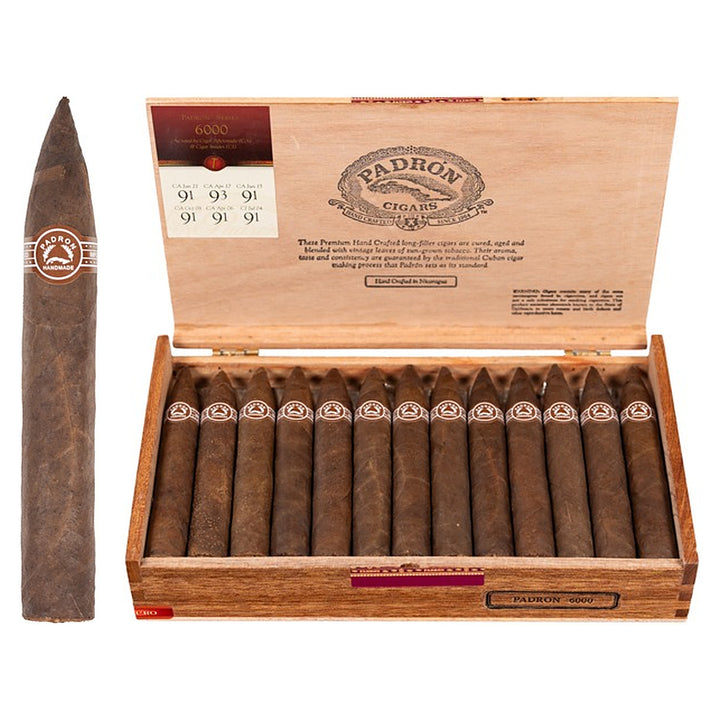 Padron 6000 Maduro cigar, 5.5 × 52, with Nicaraguan maduro wrapper, beside its open box of 26
