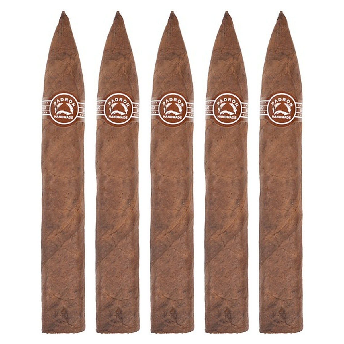 Five Padron 6000 Natural cigars, 5.5 × 52, lined up side by side