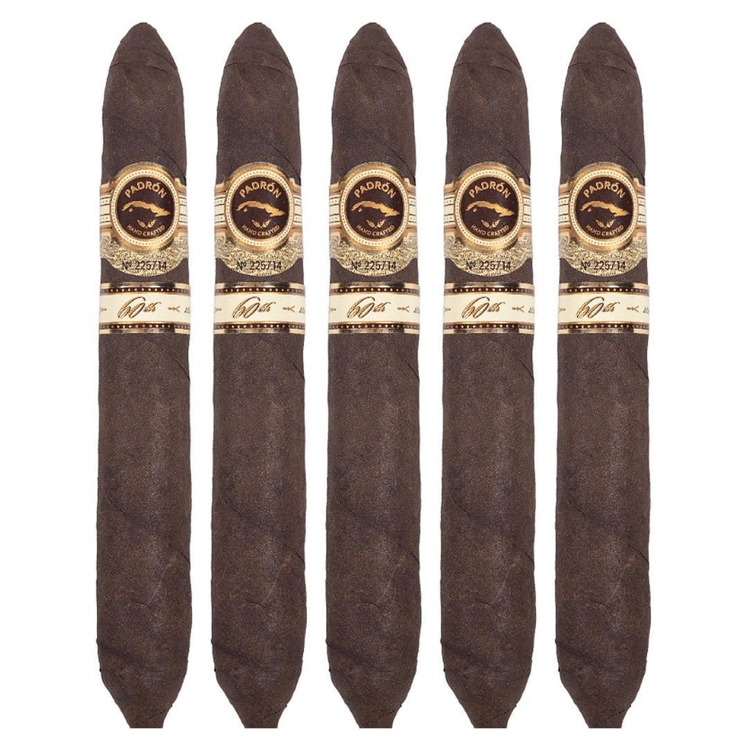 Five Padron 60th Anniversary Maduro cigars, 6.5 × 56, lined up side by side