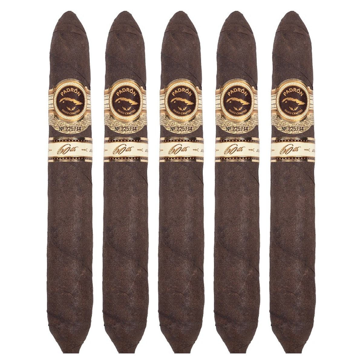 Five Padron 60th Anniversary Maduro cigars, 6.5 × 56, lined up side by side
