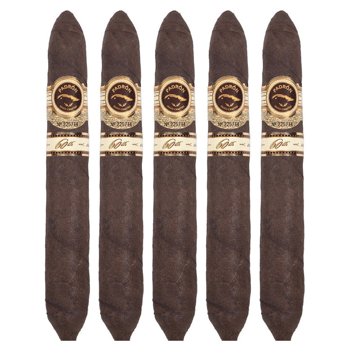 Five Padron 60th Anniversary Maduro cigars, 6.5 × 56, lined up side by side