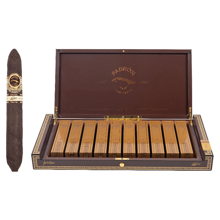 Padron 60th Anniversary Maduro cigar, 6.5 × 56, with Nicaraguan maduro wrapper, beside its open box of 10