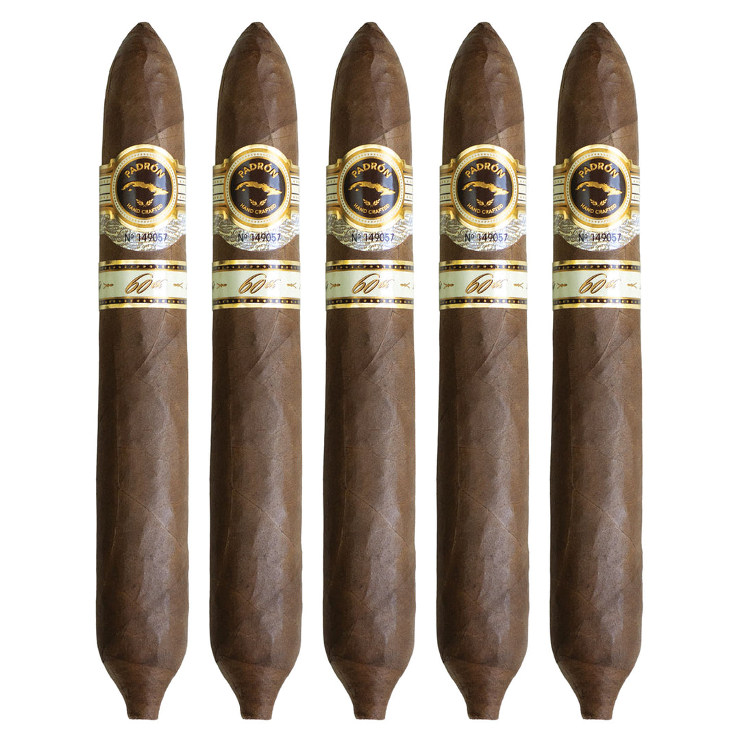 Five Padron 60th Anniversary Natural cigars, 6.5 × 56, lined up side by side