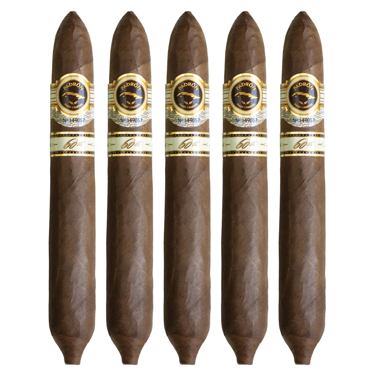 Five Padron 60th Anniversary Natural cigars, 6.5 × 56, lined up side by side