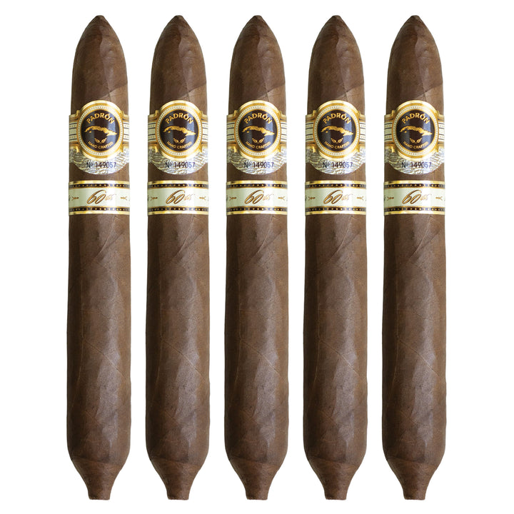 Five Padron 60th Anniversary Natural cigars, 6.5 × 56, lined up side by side