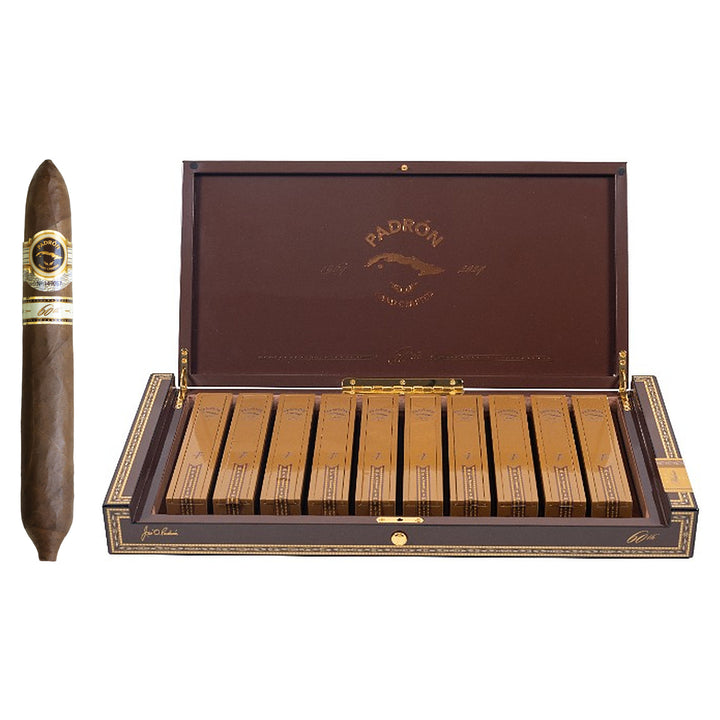 Padron 60th Anniversary Natural cigar, 6.5 × 56, with Nicaraguan natural wrapper, beside its open box of 10