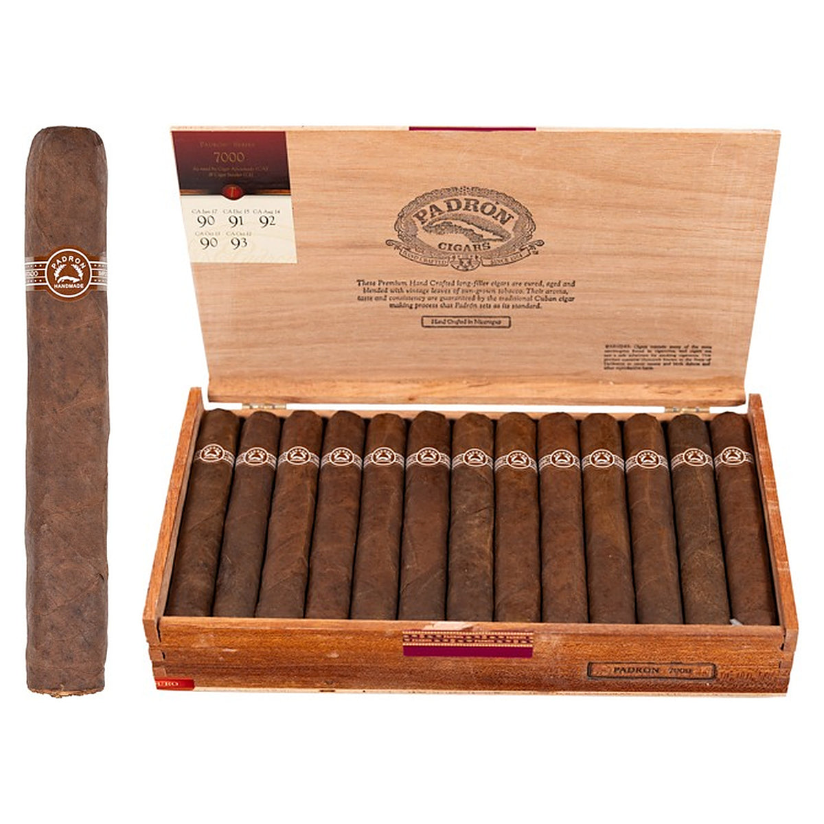 Padron 7000 Maduro cigar, 6.25 × 60, with Nicaraguan maduro wrapper, beside its open box of 26