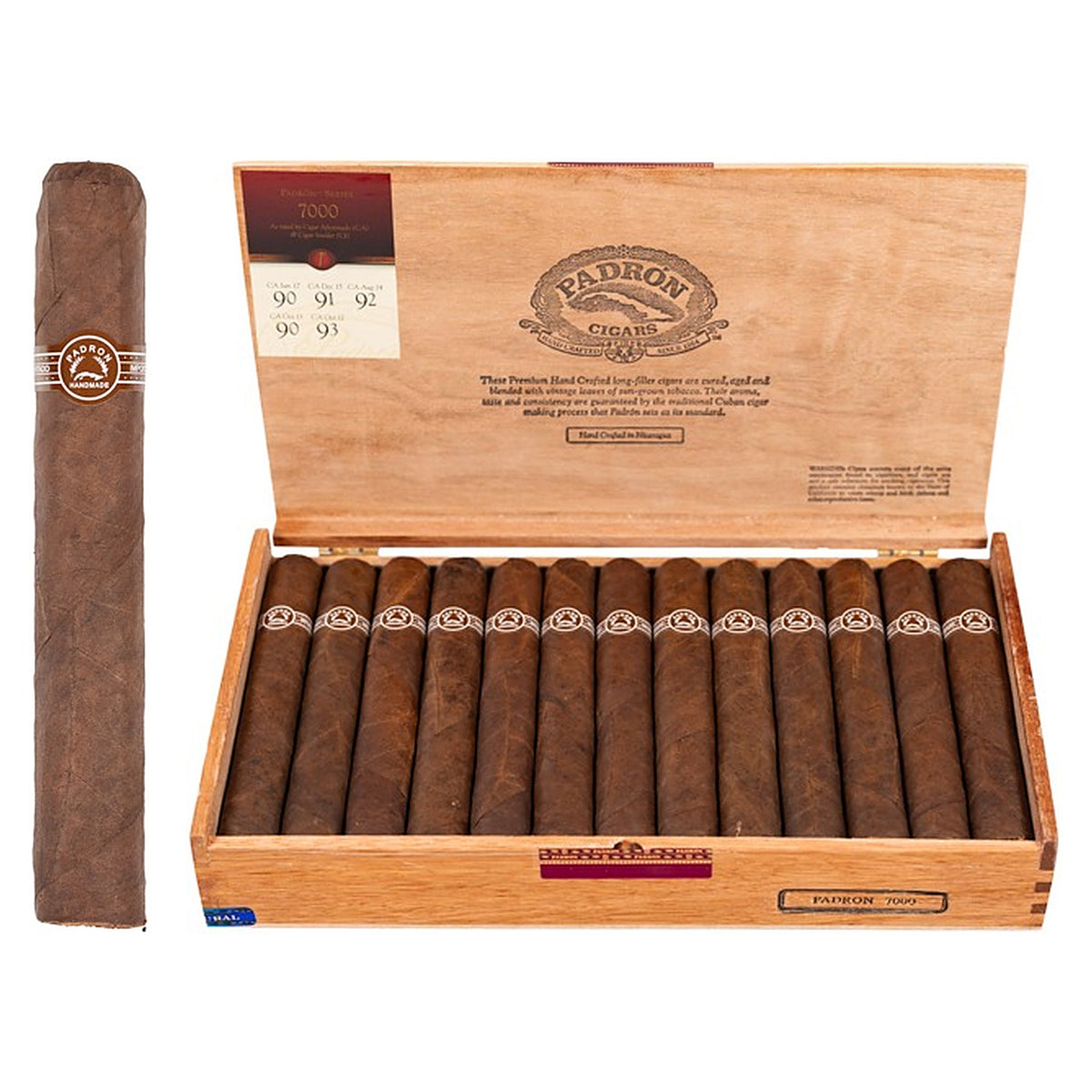 Padron 7000 Natural cigar, 6.25 × 60, with Nicaraguan natural wrapper, beside its open box of 26