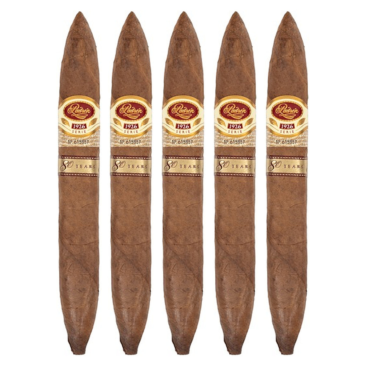 Five Padron 1926 80th Anniversary Series Natural cigars, 6.75 × 54, lined up side by side