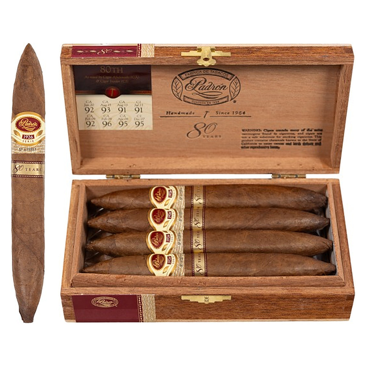 Padron 1926 80th Anniversary Series Natural cigar, 6.75 × 54, with Nicaraguan natural wrapper, beside its open box of 8