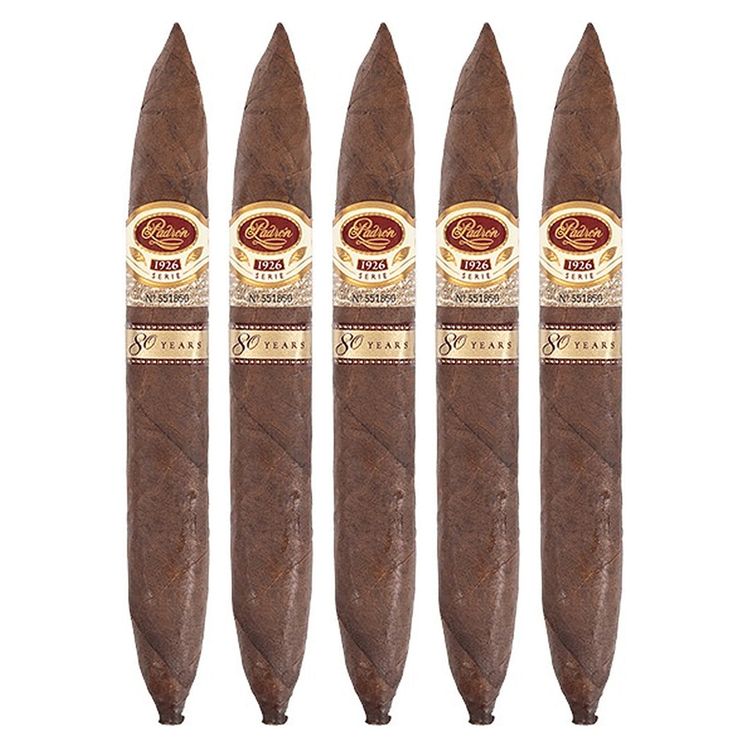 Five Padron 1926 80th Anniversary Series Maduro cigars, 6.75 × 54, lined up side by side